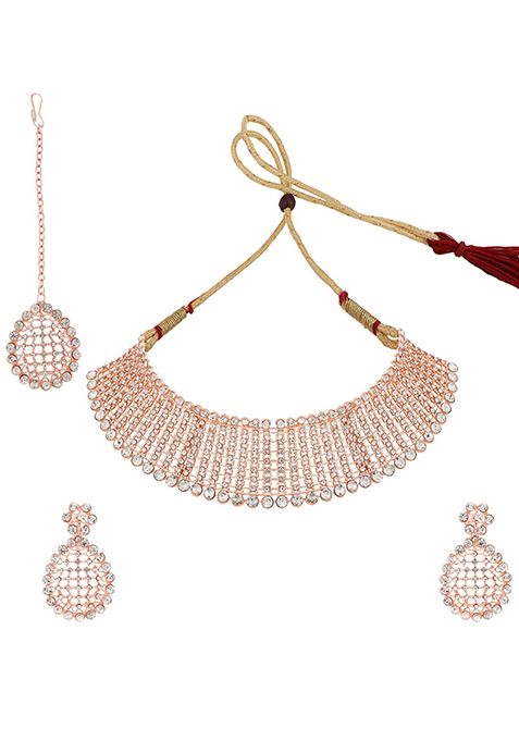 Rose Gold Plated American Diamond Necklace Set With Maang Tikka