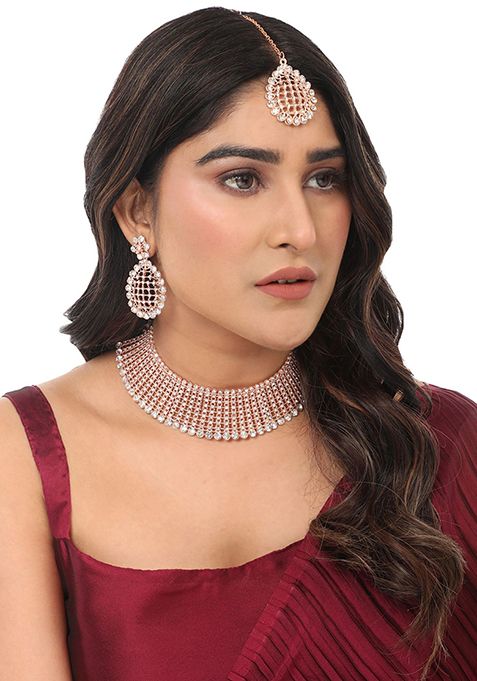 Rose Gold Plated American Diamond Necklace Set With Maang Tikka