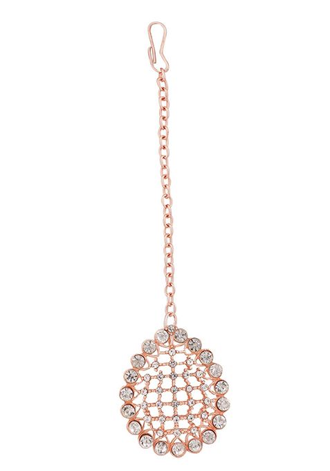 Rose Gold Plated American Diamond Necklace Set With Maang Tikka