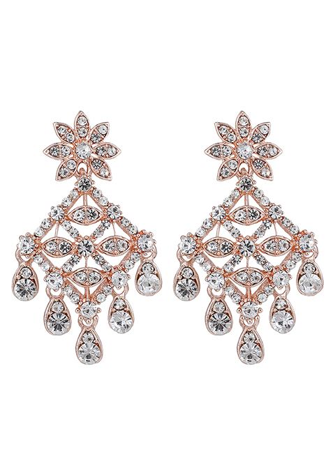 Rose Gold Rose Gold Plated American Diamond Necklace Set With Maang Tikka