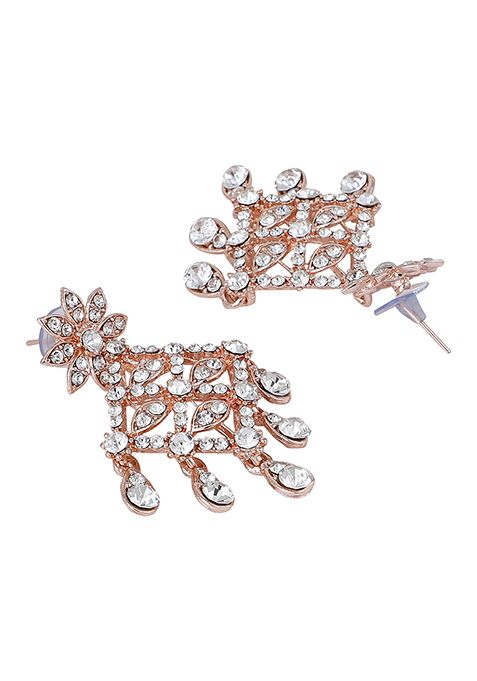 Rose Gold Rose Gold Plated American Diamond Necklace Set With Maang Tikka