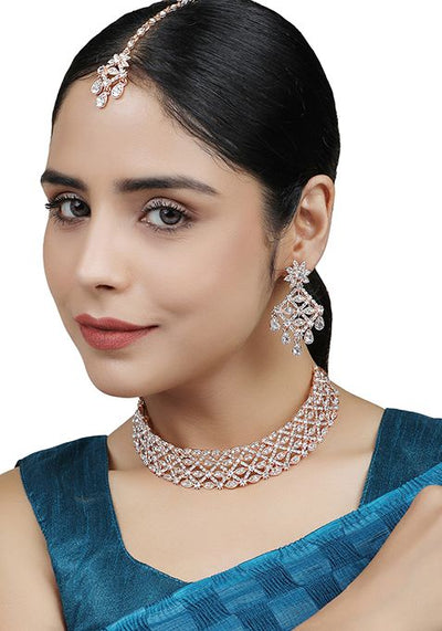 Rose Gold Rose Gold Plated American Diamond Necklace Set With Maang Tikka