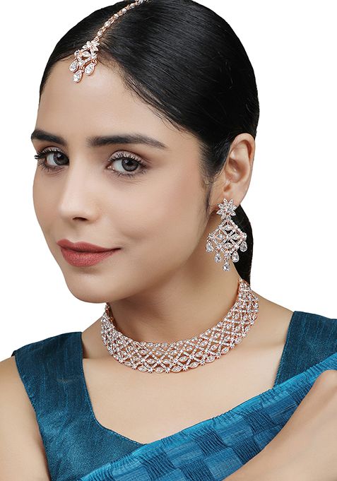Rose Gold Rose Gold Plated American Diamond Necklace Set With Maang Tikka