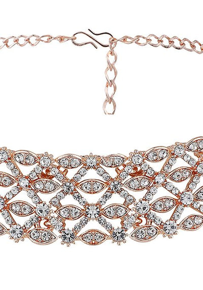 Rose Gold Rose Gold Plated American Diamond Necklace Set With Maang Tikka