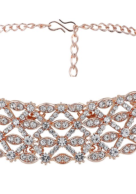 Rose Gold Rose Gold Plated American Diamond Necklace Set With Maang Tikka
