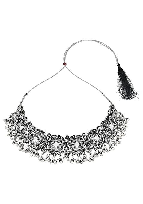 Navratri Ethnic Silver Oxidized Traditional Afghani Choker Necklace Jewellery Set