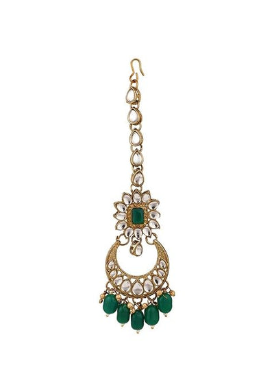 Green Cubic Zirconia Necklace Set With Maang Tikka