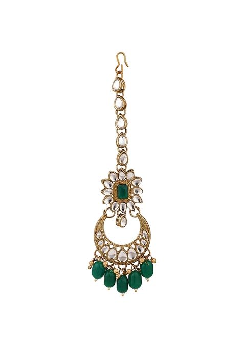 Green Cubic Zirconia Necklace Set With Maang Tikka
