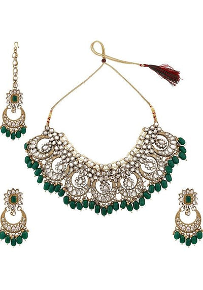 Green Cubic Zirconia Necklace Set With Maang Tikka