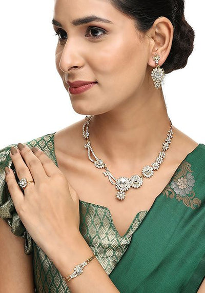 White Gold Plated Artificial Stone Necklace Set With Ring And Bracelet