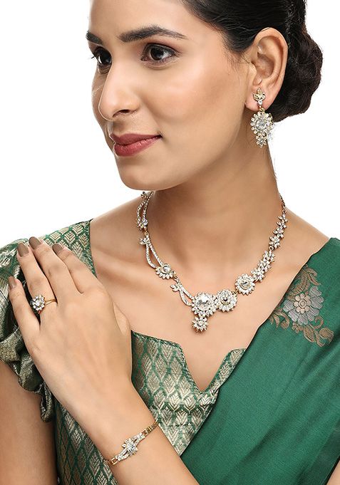 White Gold Plated Artificial Stone Necklace Set With Ring And Bracelet
