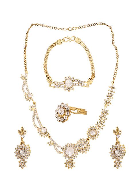 White Gold Plated Artificial Stone Necklace Set With Ring And Bracelet