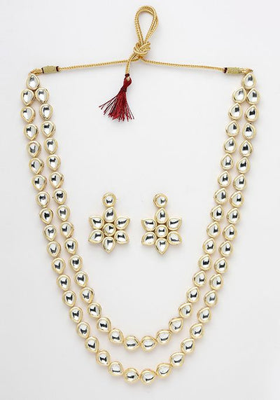 Gold Gold Plated Kundan 2 Layered Handcrafted Jewellery Sets With Drop Earrings