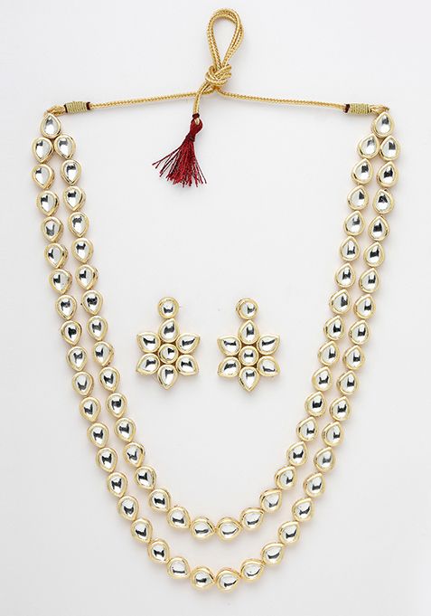 Gold Gold Plated Kundan 2 Layered Handcrafted Jewellery Sets With Drop Earrings