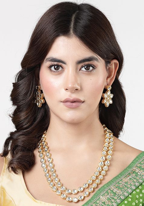 Gold Gold Plated Kundan 2 Layered Handcrafted Jewellery Sets With Drop Earrings