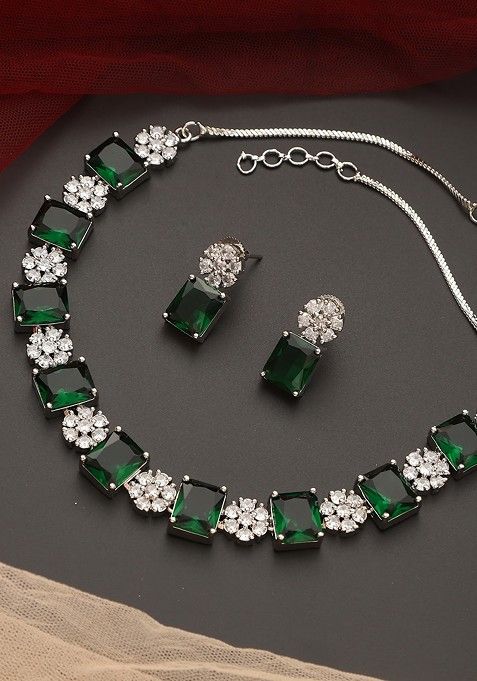 Green Silver Tone Zirconia Single Line Necklace Set