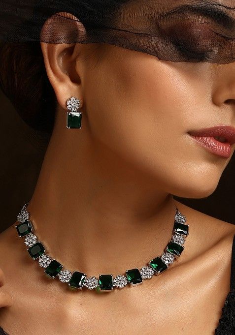 Green Silver Tone Zirconia Single Line Necklace Set