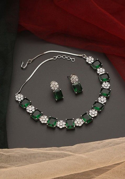 Green Silver Tone Zirconia Single Line Necklace Set