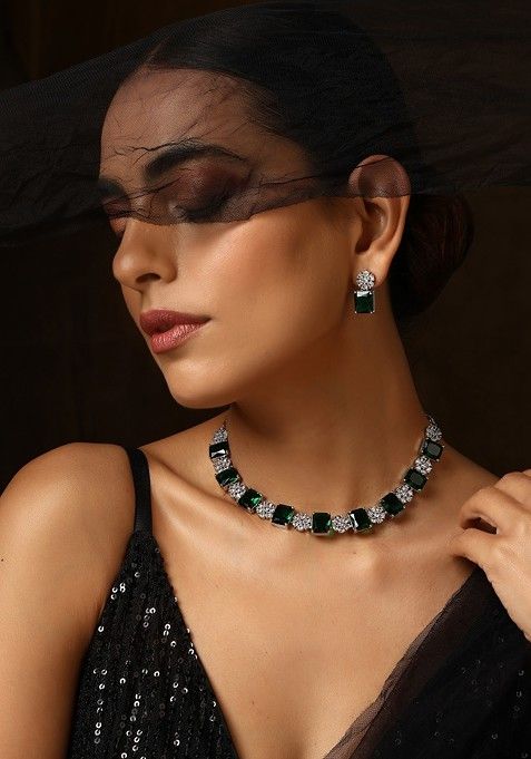 Green Silver Tone Zirconia Single Line Necklace Set