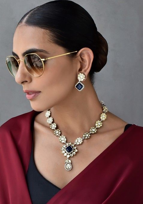 Blue Silver Tone Polki Necklace Set