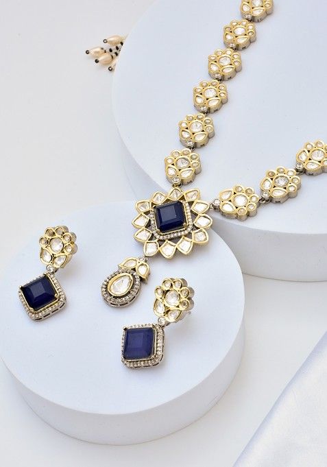 Blue Silver Tone Polki Necklace Set
