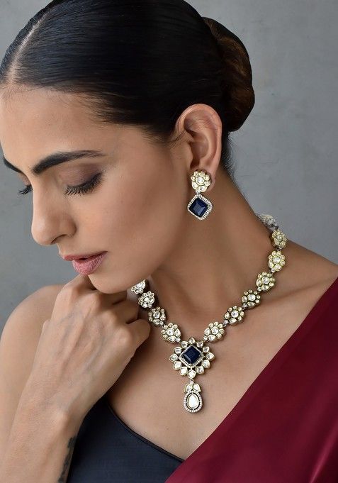 Blue Silver Tone Polki Necklace Set