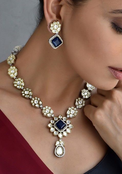 Blue Silver Tone Polki Necklace Set