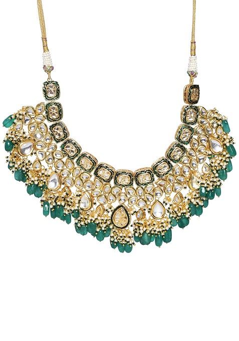 Green Gold Tone Kundan Enameled Necklace And Earrings Set With Maangtikka
