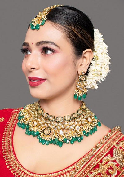 Green Gold Tone Kundan Enameled Necklace And Earrings Set With Maangtikka