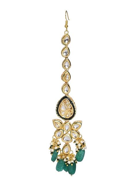 Green Gold Tone Kundan Enameled Necklace And Earrings Set With Maangtikka