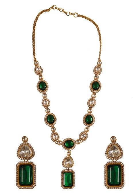 Emerald Gold Tone Moissanite Polki Necklace Set