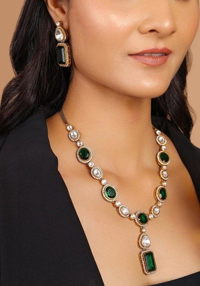 Emerald Gold Tone Moissanite Polki Necklace Set