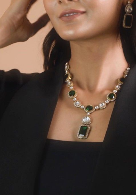 Emerald Gold Tone Moissanite Polki Necklace Set