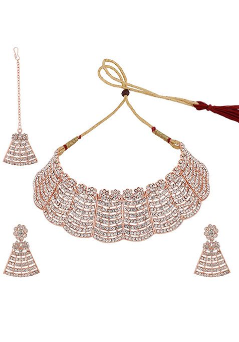 Rose Gold Rose Gold Plated American Diamond Necklace Set With Maang Tikka
