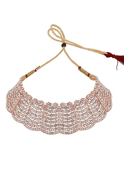 Rose Gold Rose Gold Plated American Diamond Necklace Set With Maang Tikka