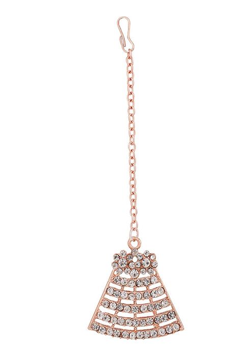 Rose Gold Rose Gold Plated American Diamond Necklace Set With Maang Tikka