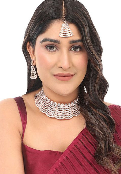Rose Gold Rose Gold Plated American Diamond Necklace Set With Maang Tikka