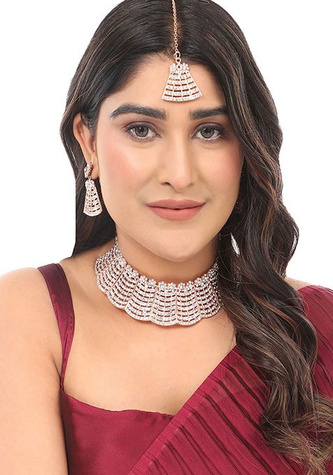 Rose Gold Rose Gold Plated American Diamond Necklace Set With Maang Tikka