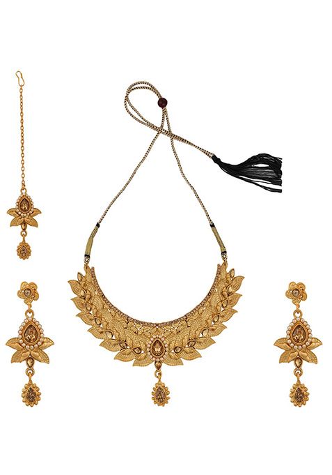 Gold Plated Artificial Stone And Bead Necklace Set With Maang Tikka