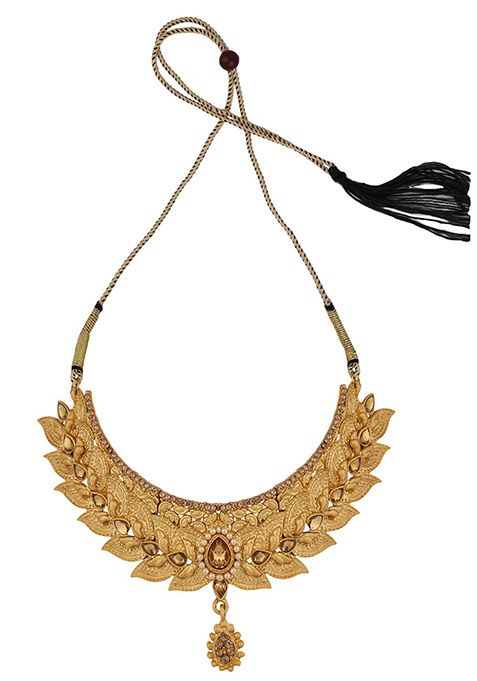 Gold Plated Artificial Stone And Bead Necklace Set With Maang Tikka
