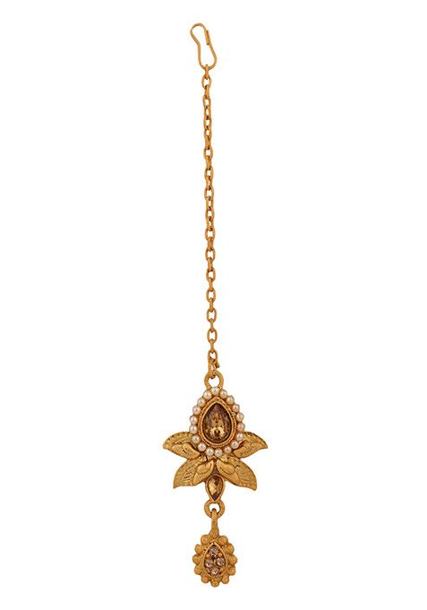 Gold Plated Artificial Stone And Bead Necklace Set With Maang Tikka