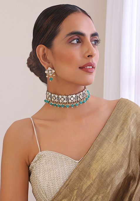 Mint Green Silver Tone Polki Choker And Earrings Set