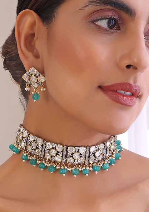 Mint Green Silver Tone Polki Choker And Earrings Set