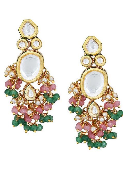Pink And Green Gold Tone Kundan Necklace And Earrings Set