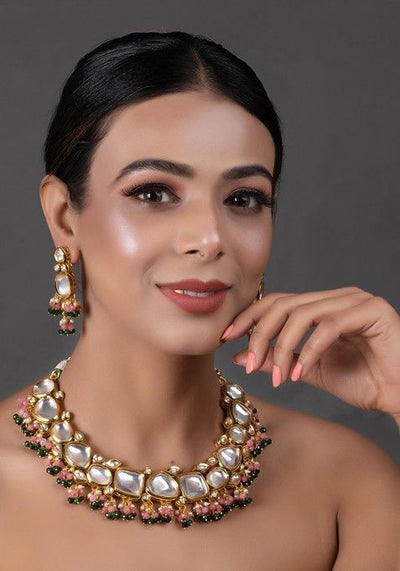 Pink And Green Gold Tone Kundan Necklace And Earrings Set