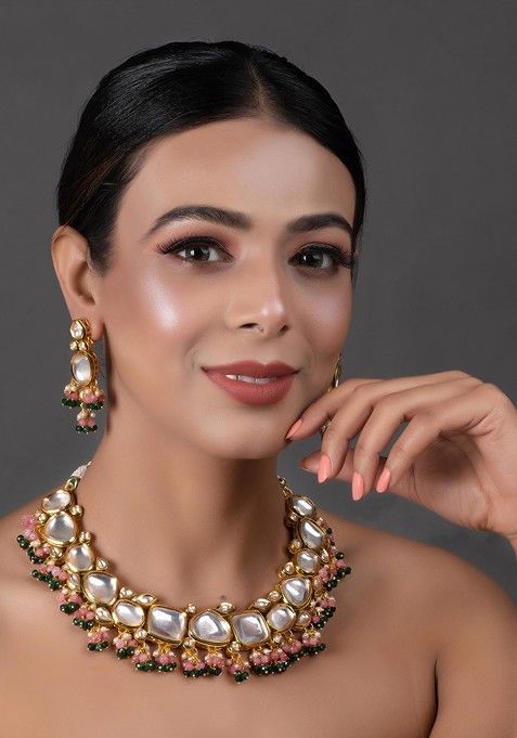 Pink And Green Gold Tone Kundan Necklace And Earrings Set