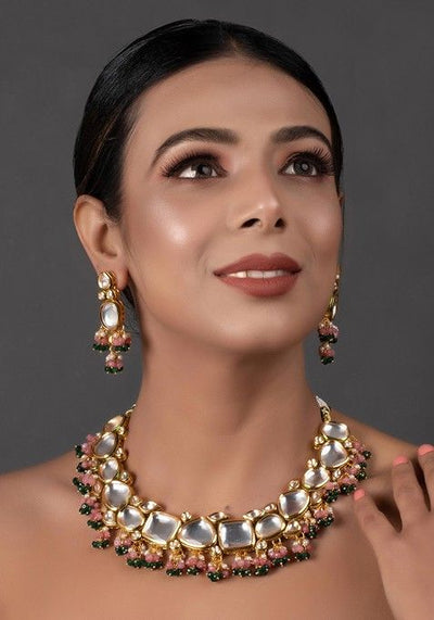 Pink And Green Gold Tone Kundan Necklace And Earrings Set