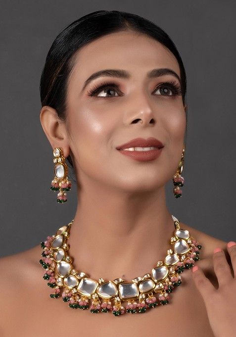 Pink And Green Gold Tone Kundan Necklace And Earrings Set