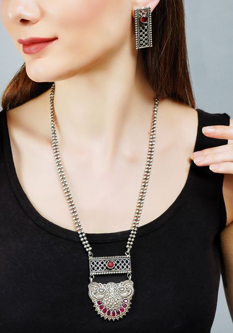 Long Pattern Silver Tone Brass Necklace And Earrings Set