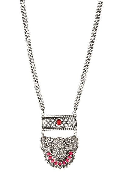 Long Pattern Silver Tone Brass Necklace And Earrings Set